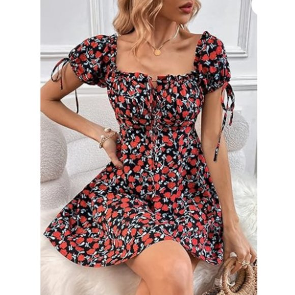 NWT Floral Print Off Shoulder Puff Sleeve Tie Front Short Flared Dress - Picture 4 of 4